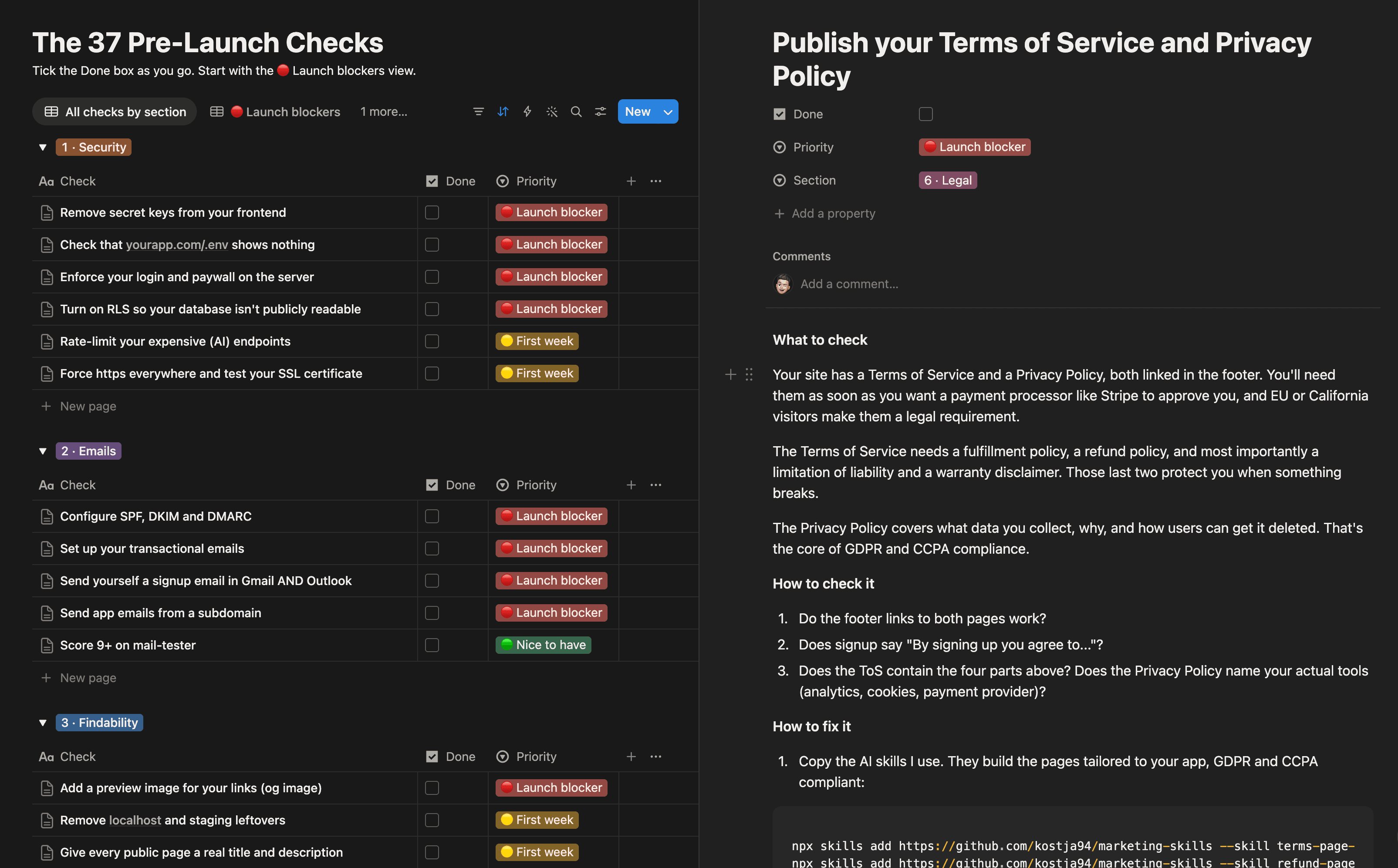 The 37 Pre-Launch Checks Notion checklist in dark mode